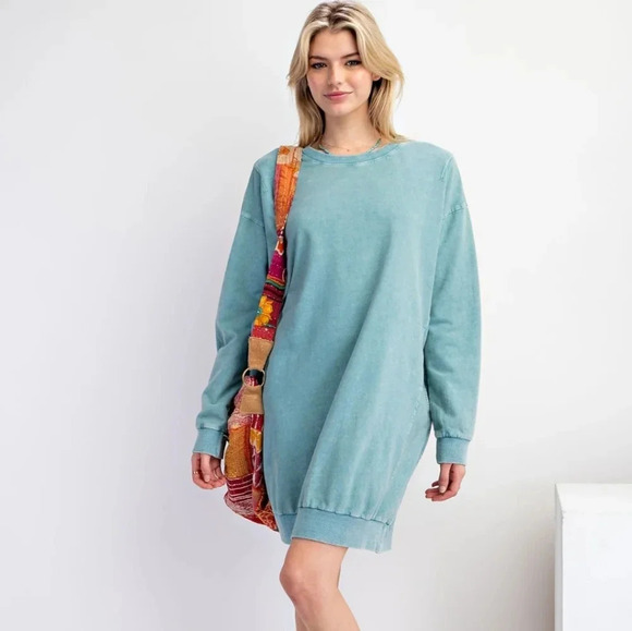 New Easel Mineral Washed Cotton Knit Long Sleeve Pullover Dress - Picture 2 of 6